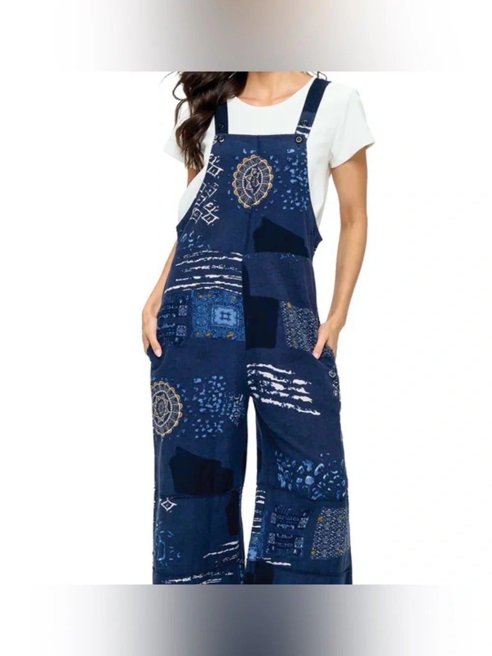 Small shop|Navy Boho Patchwork print Wide-Leg sleeveless Jumpsuit,overall style• - Picture 13 of 13